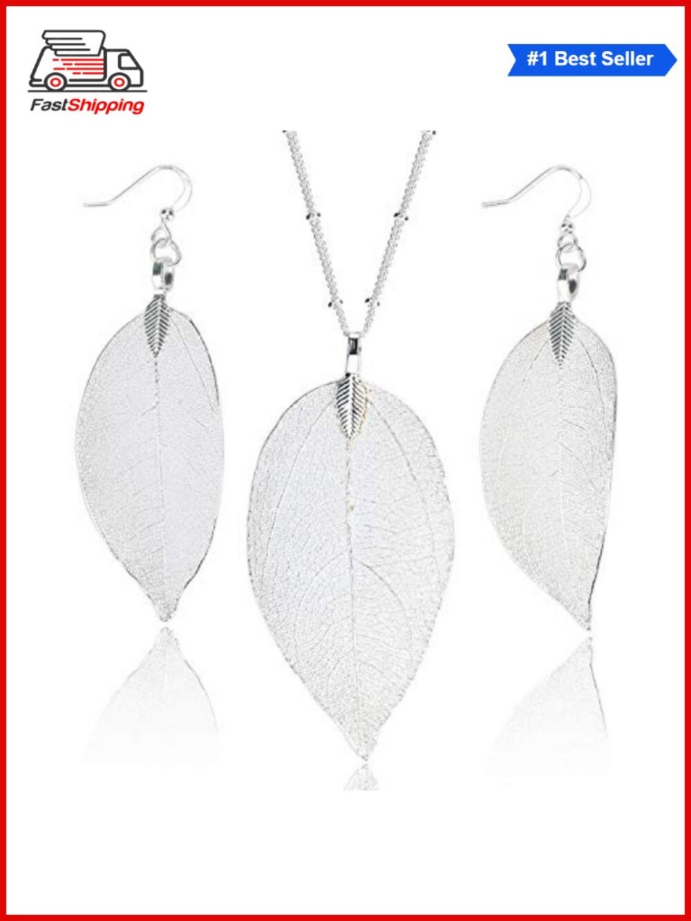 ✨ Filigree Real Leaf Pendant Necklace Earrings Set Silver Plated Boho